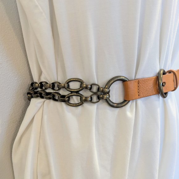 DONCASTER Leather & Antique Bronze Chain Belt L Orange Brown Made in Italy - Picture 2 of 10